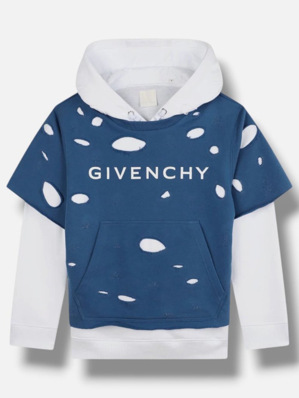 Givenchy Unisex Kids Blue White Logo Cutout Layered Hoodie Sweater Size 12+